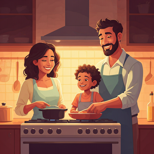 Famille cuisinant ensemble dans une cuisine chaleureuse